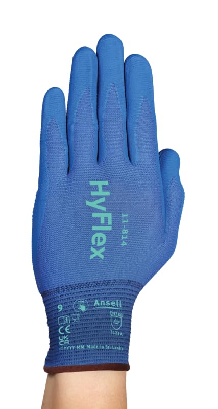 Ansell HyFlex 11-814 Gants de Travail Professionels Résistant à l’Abrasion, Protection Multi-Usage, Mécanique, Manutention, Montage, Gant Lavable, Bleu, Taille M (12 Paires)