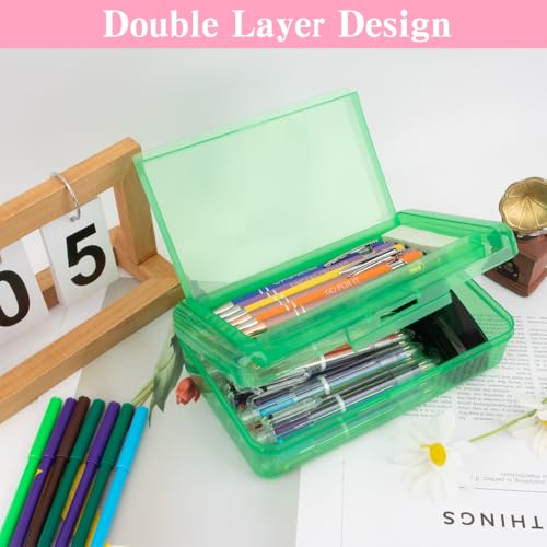 Image of Pencil Case Box, 2 PCS Green Pink Double Layer Large Capacity Plastic Pencil Boxs, Clear Hard Pen Case with Snap-tight Lid,Storage Art Craft Box Marker Organizer for Boys Girls Offices School Supplies