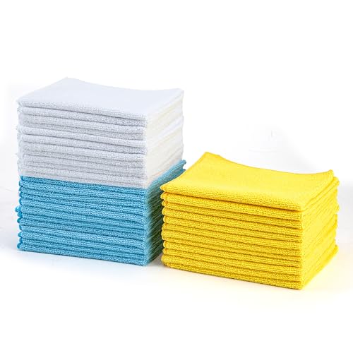 Amazon Basics Microfiber Cleaning Cloths, Ultra Absorbent, Scratch-Free, Highly Absorbent, Non-Abrasive, Reusable and Washable, 16' x 12', Blue/White/Yellow, 36-Pack