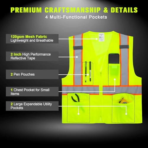 Image of ProtectX High Visibility ANSI Class 2 Safety Vest with 4 Pockets