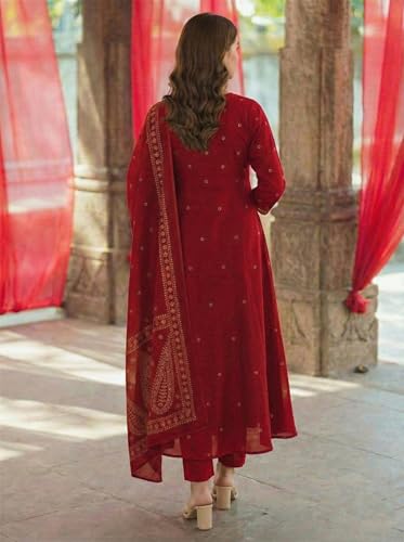 Image of GoSriKi Rust Anarkali Kurta Set for Women with Dupatta | Cotton Kurti Set for Woman | Embroidered Anarkali Suit for Women Kurti Pant Set with Dupatta | Suit Set for Women Latest