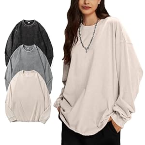 Wyeysyt 3 Pack Oversized Tshirts for Women Long Sleeve Cotton T-Shirts Vintage Acid Wash Baggy Unisex T Shirts