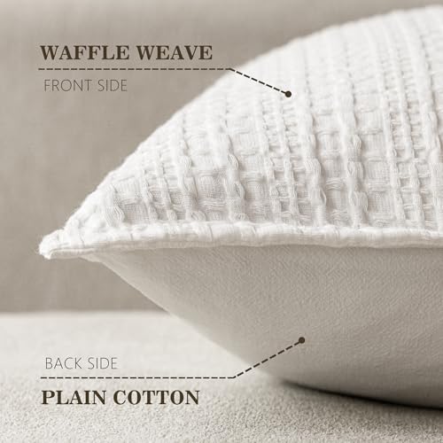 Image of Foindtower Set of 2 Decorative Cotton Waffle Weave Throw Pillow Covers Euro Shams Cushion Covers Accent European Pillowcase for Bed Couch Sofa Bedroom Living Room Home Decor 18x18 Inch Cream White