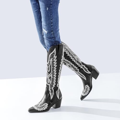 Image of ADAMUMU Womens Wide Calf Cowboy Boots Classic Western-Style Cowboys Boots for Women Pointed Toe Womens Cowgirl Boots with Chunky Heel Non-Slip Sole for Adding Timeless Elegance to Your Wardrobe