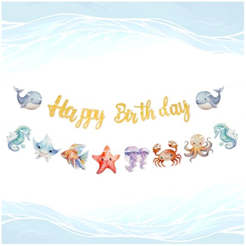 TMZELOA Decoração de aniversário infantil temática mar - bandeiras de feliz aniversário com animais marinhos - grinalda de festa oceano para crianças