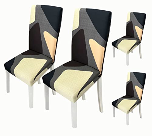Image of House of Quirk Elastic Chair Cover Stretch Removable Washable Short Dining Chair Cover Protector Seat Slipcover (Pack of 4, Brown Cubes)