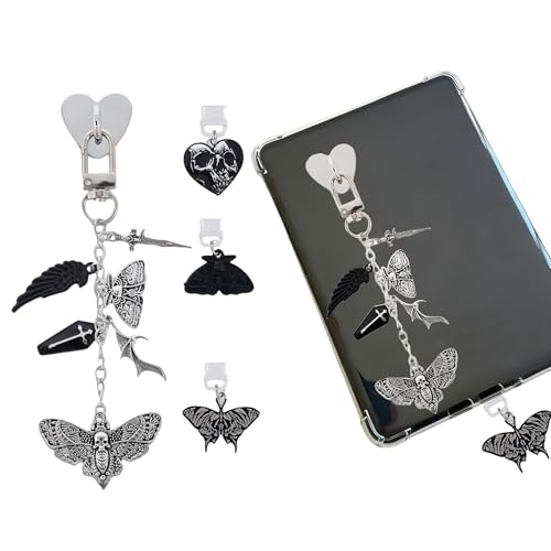 TAKEALOOKO Halloween Dust Plug Charm Chains for Kindle - 4Pcs Whimsigoth Moth Skull Type C Dustplug & Chain Bracelet Strap Decorating Accessories, Gifts for E-Reader Book Lovers Women Men