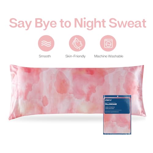 Image of MR&HM Satin Body Pillow Cover, Soft and Breathable Body Pillow Case with Envelope Closure, Cooling and Silky Long Pillowcase for Hair and Skin,Grey (20x54, Dream Pink)