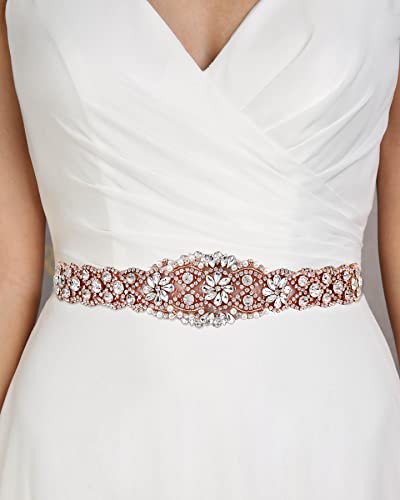 Yanstar Handmade Rose Gold Rhinestone Crystal Wedding Bridal Belt With Blush Ribbon For Bridal Prom Dress #TOP1