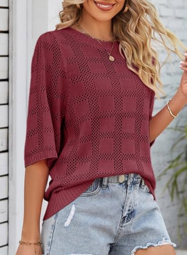 Dokotoo Women's Casual Short Sleeve Loose Tunic Tops Lightweight Crochet Knit Summer Sweaters Blouses4