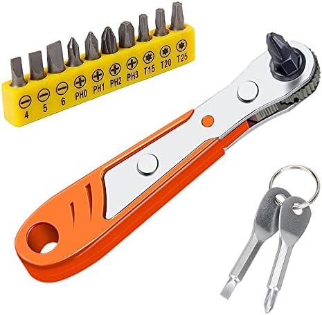 Right Angle Screwdriver Offset 90 Degree Ratcheting Screwdriver Set Hex Driver Ratchet L Shaped Low Profile For Tight Spot Small Space Sideways Shape + Keychain Screwdrivers + 10pc Short Hex Bits