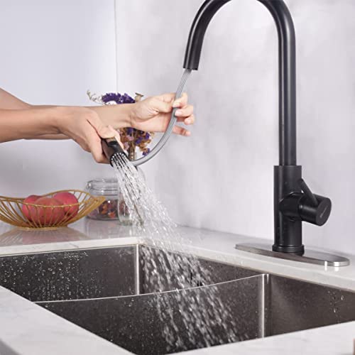 Trywell Matte Black Kitchen Faucet High Arc Single Handle Faucet,Sink Bar Preppull Down Out Sprayer Deck Plate Hot & Cold Water 304 Food Grade Solid Stainless Steel #TOP3