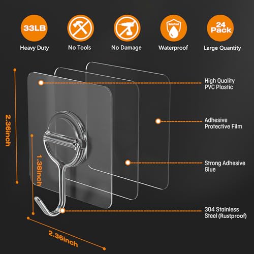 Image of 48 Pack Clear Adhesive Wall Hooks for Hanging Heavy-Duty 33Lb No Damage