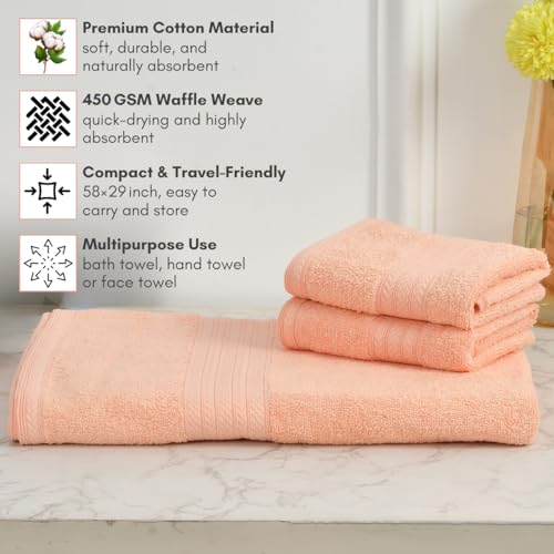 Image of Mafatlal Joy Cotton Towel Set - Soft & Quick Dry Waffle Weave | 1 Bath Towel (58 x 29 inch) + 2 Hand Towels (24 x 12 inch) | 450 GSM | Highly Absorbent | Novelle Peach | Perfect for Home & Travel