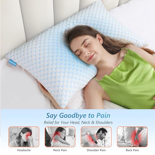 Image of UYWO Cooling Firm Bed Pillows Set of 2, Shredded Memory Foam Pillows for Sleeping Luxury Gel Pillows for Side Back Stomach Sleepers with Removable Washable Cover(Blue, Standard)