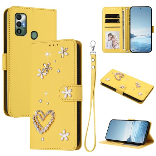 Jiajihua Case Compatible with Tecno Spark 7 / Spark 7T Lanyard【Card Holder Wallet Flip Cover Magnetic Buckle Kickstand】 Yellow