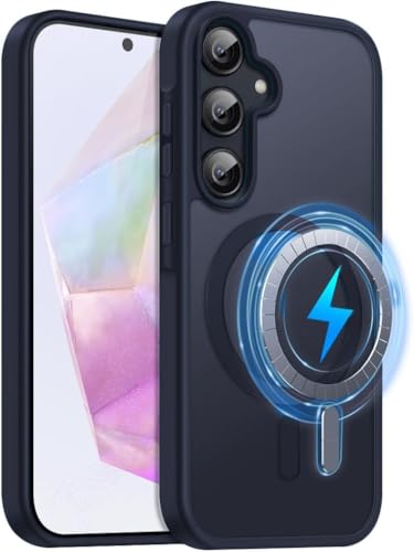 Image of Elzzi Magnetic Magsafe Case for Samsung Galaxy A55 5G Cover, Compatible with MagSafe Translucent Matte Hard PC + TPU Hybrid Back Cover, Shockproof Protective Phone Case (Blue)