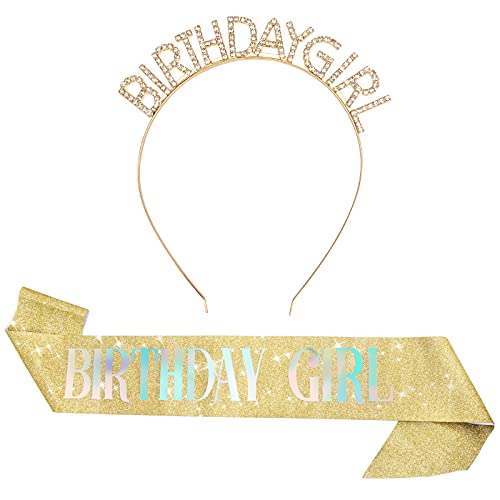 wonuu Birthday Crowns for Women, Glitter Golden Happy Birthday Headband Rhinestone Princess Tiara and Sash Set for Girls birthday Party Decorations Supplies