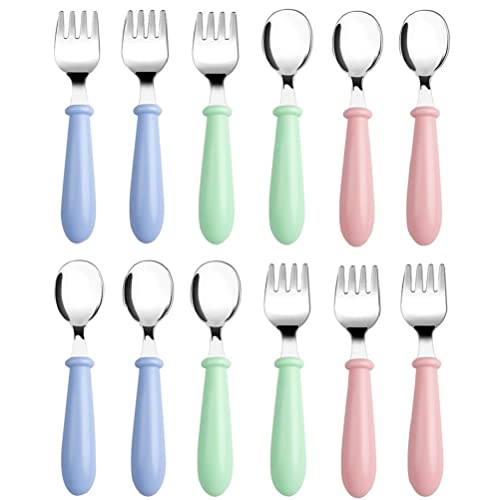 Image of Pimoys 12 Pieces Toddler Utensils Kids Silverware Set Baby Forks and Spoons, Stainless Steel Childrens Safe Cutlery with Round Handle for Self Feeding, Dishwasher Safe