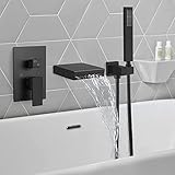 Matte Black Waterfall Bathtub Faucet with Hand Held Shower Wall Mounted Rough in Valve Bathroom Tub Filler Spout Bathtub Sprayer Solid Brass