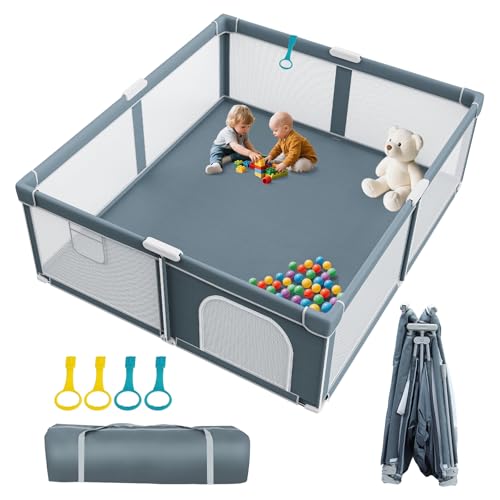 Image of Foldable Baby Playpen - 71"×79" Collapsible Play Pen for Babies and Toddlers - Indoor Outdoor Travel Playpen - Sturdy with Mesh View Portable Play Yard - Folding Play Pen with 4 Handles and Carry Bag