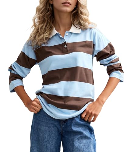 calbatic Rugby Striped Polo Shirt for Women Long Sleeve Lapel Collar T Shirt Color Block Casual Loose Pullover Tops Brown Blue