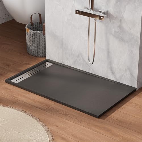 Findepot 60 x 36 x 1.3 inches Zero Threshold SMC Shower Pan for Wheel Chair Access, Rectangle Non-Slip Shower Base with Stainless Steel End Drain Cover and 3-Sided Aluminum Waterproof Strip, ‎Black