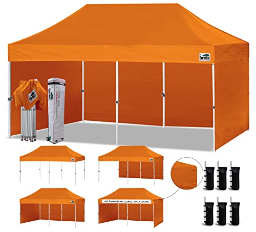 Image of Eurmax USA 10x20 Pop Up Canopy Tent,Commercial Tent with Patented No-Tip Rolling Bag,4 Zippered Removable Walls,UV & Water Resistant Canopy Top,Heavy Duty Outdoor Gazebo,Instant Shelter(Orange)