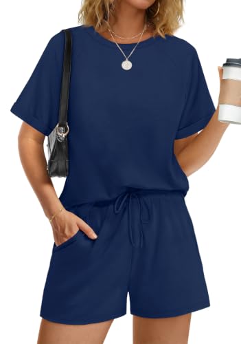 WIHOLL Vacation Outfits for Women Two Piece Spring Break Matching Sets Clothing 2 Piece Travel Clothes for Going Out Summer Sets Beach Outfits Short Sleeve Shirts with Pockets Navy M