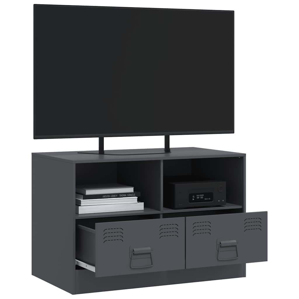 Mobile porta TV antracite in acciaio laminato a freddo, 67 x 39 x 44 cm, con 2 cassetti e ripiani, adatto per schermi da 51-76 cm, armadio da soggiorno con spazio e maniglie in metallo