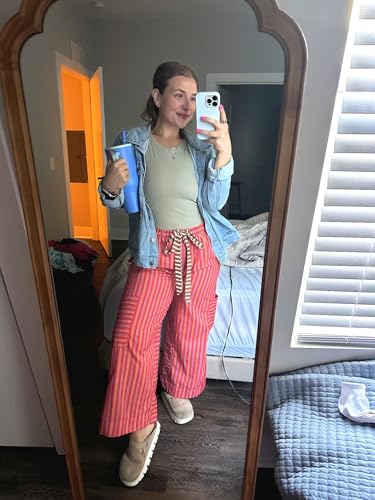 Bankeng Women's Striped Palazzo Pants - Loose Wide Leg Lounge Trousers with Pockets (Orange, L)3