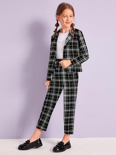 Image of Milumia Girl's Two Piece Outfit Plaid Open Front Blazer and Pants Set Multi Black 8 Years