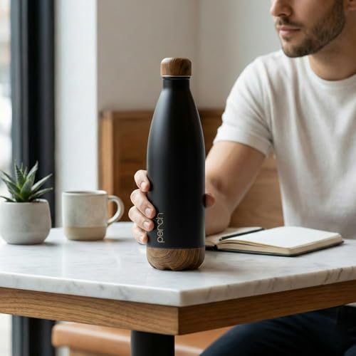 Image of Perch Retro Stainless Steel Water Bottle 980 ml | Hot & Cold Flask | Vacuum Insulated | ISI Certified | Leak Proof | BPA Free | for Office, School, Gym, Home & Travel | Wooden Black | Crafted by Pexpo