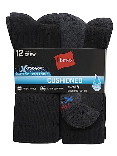 Hanes Mens Hanes Men's X-Temp Cushioned Crew (Pack Of 12 Pairs) Casual Sock, Black, 6 Us #TOP3