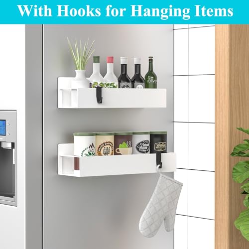 Image of HuggieGems 2 Pack Magnetic Spice Storage Rack Organizer for Refrigerator and Oven, White Fridge Organizers and Storage | Magnetic Shelves Heavy Duty for Fridge in Kitchen, Seasoning Storage Organizer, For Oven Washer and Dryer, For Heavier Items