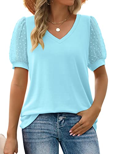 Image of Aokosor Womens Summer Tops V Neck T Shirts Swiss Dot Puff Sleeve Tops Loose Casual Tshirts