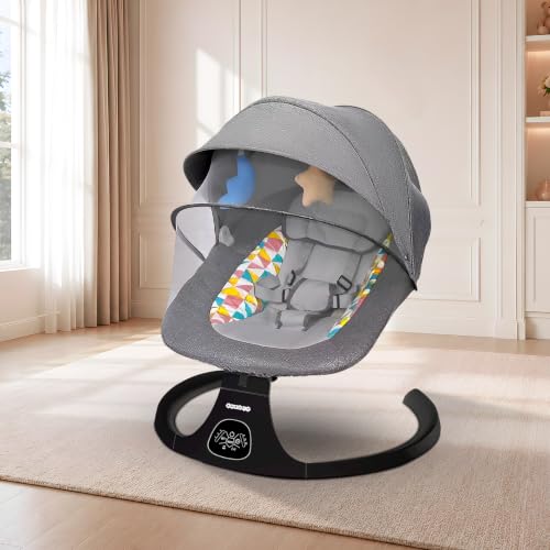 Image of Electric Baby Swing Rocker with Bluetooth Music, Remote Control, 5-Point Safety Harness, Soft Cushion, Mosquito Net & Canopy, Infant Swing for 0-12 Months (Grey)