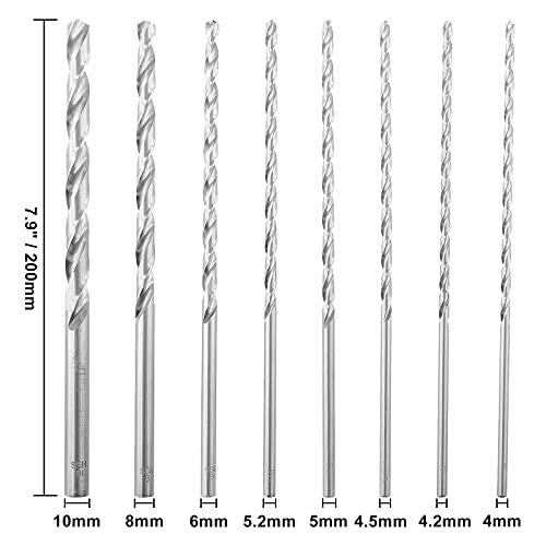 Murtenze 8Pcs 200Mm Extra Long Twist Drill Bit Set, High-Speed Steel Straight Shank Twist Drill Bit For Wood Plastic And Aluminum(4/4.2/4.5/5/ 5.2/6/ 8/ 10Mm) #TOP2