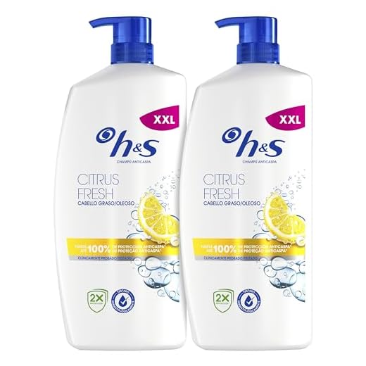H&S Citrus Fresh Champú Anticaspa para Pelo Graso 2x1000ml, con Dispensador. Hasta 100% de Protección Anticaspa, Clínicamente Probado. Frescor y Limpieza con Aroma a Cítricos, New Version