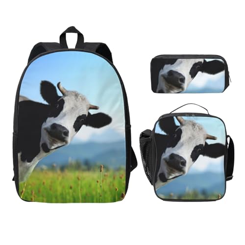 Sac à dos imprimé vache noir EdWal avec sac repas et trousse scolaire léger