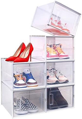 Shoe Storage, Ohuhu Ultra Large Shoe Organizer Heavy Duty 6 Pack Plastic Storage Bins Container Boxes Clear Stackable Sneaker Case Drawers Front Opening for Closet and Entryway Fit up to US Size 14