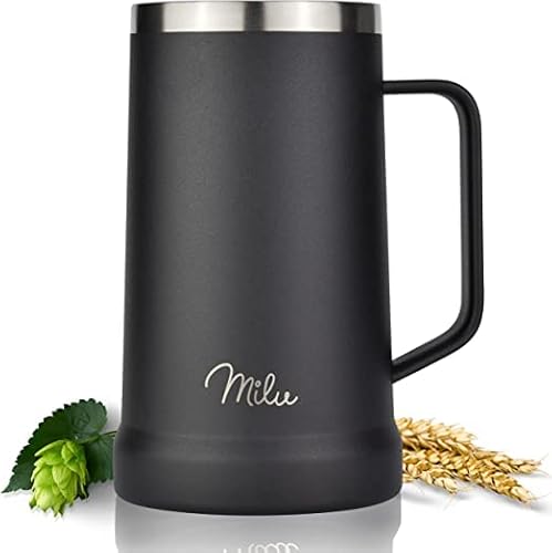 Milu chope de bière acier inoxydable | Verre à bière blanche isolant reste fraîche | Tasse à boire avec couvercle amovible | cadeau pour hommes (700ml, Noir)
