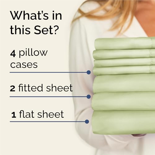 Image of Split King 7 Piece Bed Sheet Set - Breathable & Cooling - Light Sage Green | Ultra-Soft Hotel Luxury Bedding Set w / 8-16 Inch Deep Pockets, 1 Flat & 2 Fitted Sheet & 4 Pillowcases, Wrinkle & Fade Free