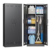AFAIF Broom Storage Cabinets, Metal Garage Cabinet with Locking Door and Hanging Rod, Utility Storage Cabinet with Shelves, Broom Closet Cabinet Cleaning Cabinets for Bathroom, Kitchen, Office,Garage