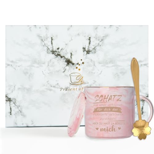 Kaffeetasse Geschenk für Freundin, Personalisierte Tasse zum Geburtstag Jahrestag Geschenke- Schatz ich habe versucht für dich das beste Geschenk zu finden- 350ml Rosa