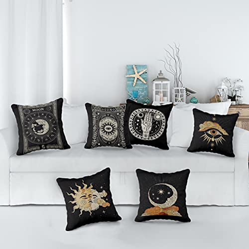 Tarot The Star Moon Sun Linen Throw Pillow Case, 18 X 18 Inch Set Of 6, Tarot Theme Room Decor, Astrology Tarot Lovers Gifts, Mom, Daughter, Sister, Wife Gifts, Black Cushion Cover For Sofa Couch Bed  #TOP1