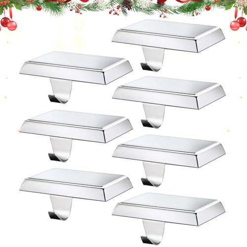 popamaz Christmas Stocking Holders for Mantle, Weighted Stocking Hangers, Christmas Stocking Hooks for Tables Window Fireplace Mantle Decoration(Silver,7PCS)