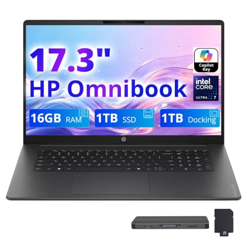 Image of HP OmniBook 17.3 inch FHD Laptop, Intel Core Ultra 7 255U, 16GB DDR5, 2TB Storage (1TB SSD+1TB Docking Station), Intel Graphics, Backlit Keyboard, Copilot+ PC, Win 11, Mica Silver