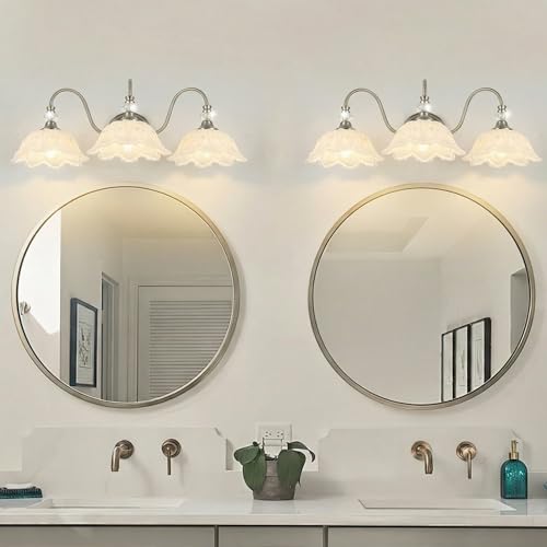 Image of Brushed Nickel 3-Light Bathroom Vanity Light with Floral White Glass Shades, Brushed Nickel Wall Mount Lighting for Bathroom, Dressing Table