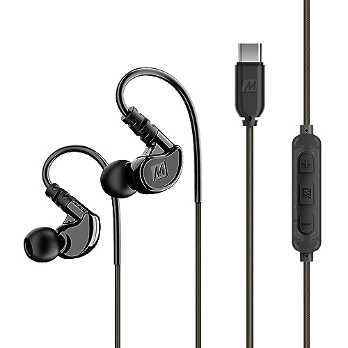 Image of MEE Audio M6 Sport USB-C Wired Earbuds with Memory Wire Earhooks, Headset with Mic & 3-Button Remote for iPhone 15, iPad, Other USB Type C Devices; in Ear Headphones for Running /Gym /Workouts, Black